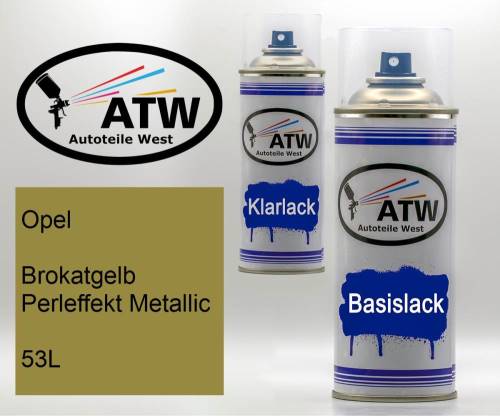 Opel, Brokatgelb Perleffekt Metallic, 53L: 400ml Sprühdose + 400ml Klarlack - Set, von ATW Autoteile West.